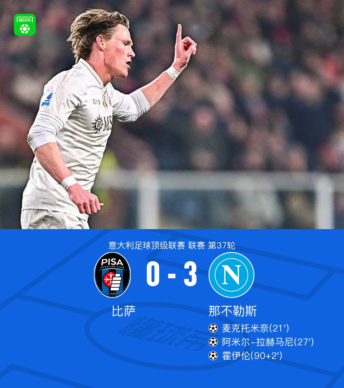 那不勒斯3-0比萨，霍伊伦传射，麦克托米奈破门